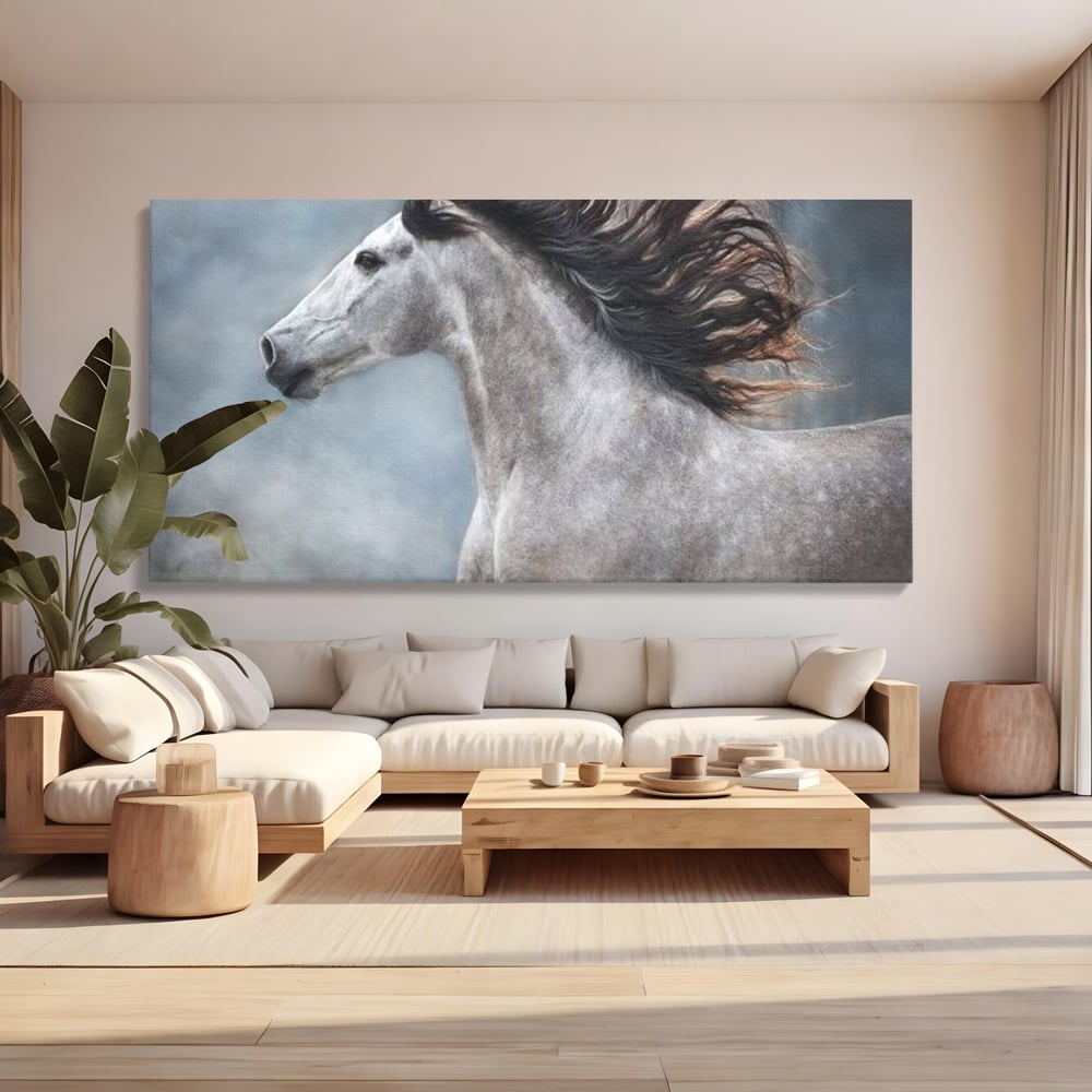 Tablou canvas cu tablou canvas cu armasar in miscare, fara rama, pe sasiu de lemn, pe perete intr-un living